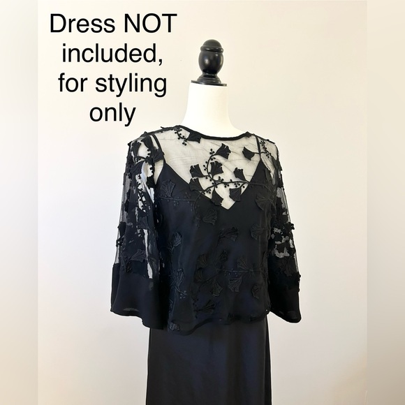 Black Elegant Sheer Organza Floral Embroidered Top, Evening - size Medium - Picture 5 of 5